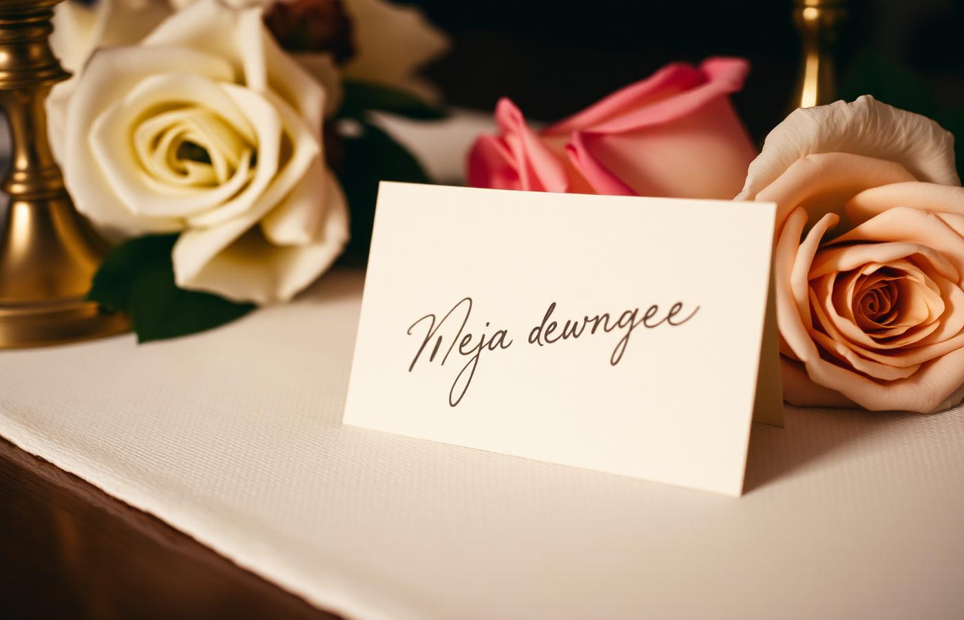 Handwritten place card among garden roses