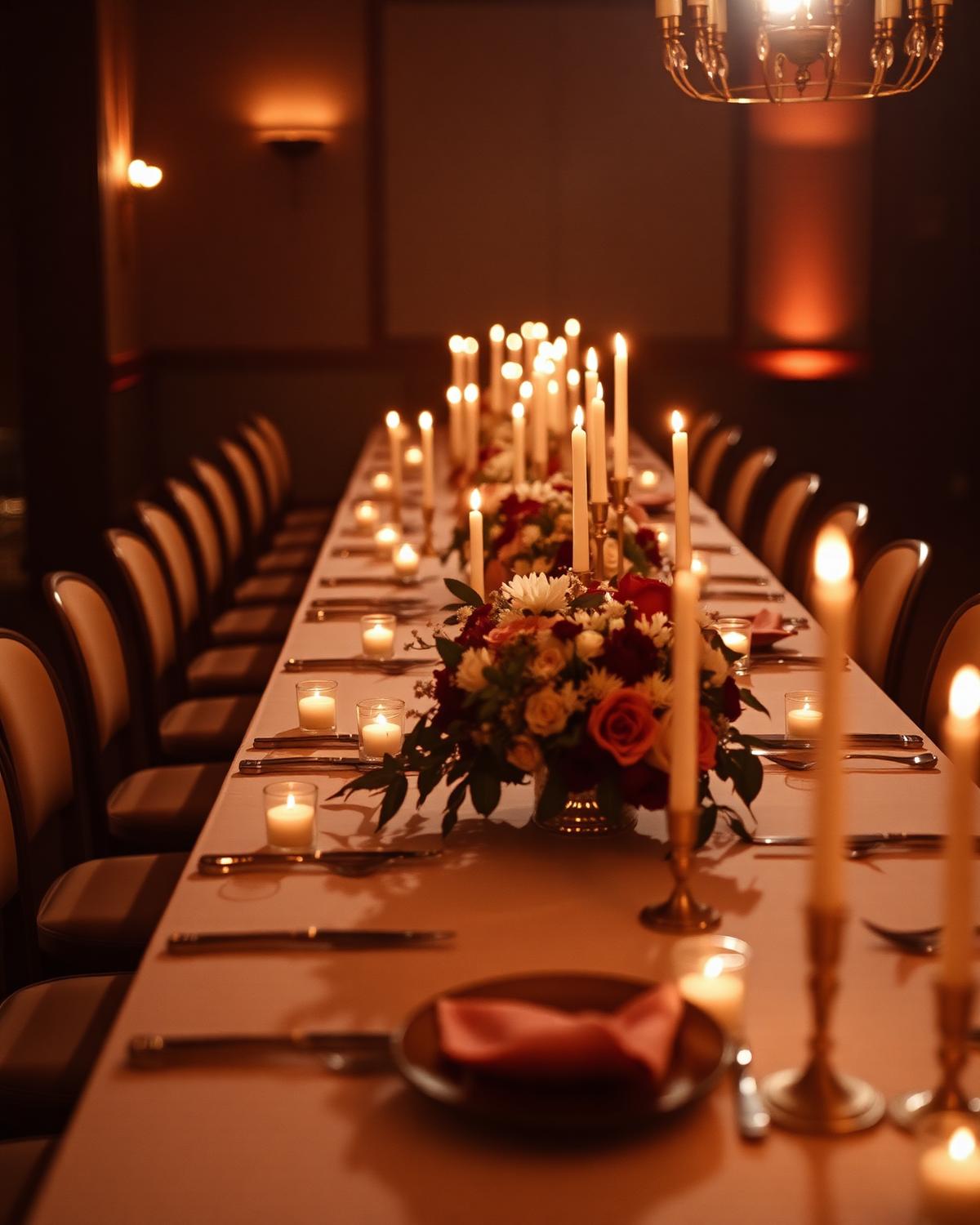 Long candlelit dinner table with florals at a Noble Experiences signature event